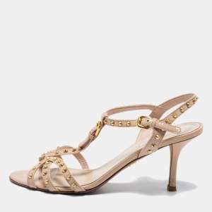 Prada Beige Patent Leather Studded T-Strap Sandals Size 37.5