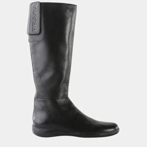 Prada Black Leather Velcro Strap Flat Knee High Boots