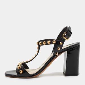 Prada Black Patent Leather Studded T-Bar Ankle Strap Sandals Size 38