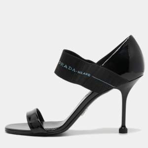 Prada Black Patent Leather and Logo Elastic Ankle Strap Sandals Size 39