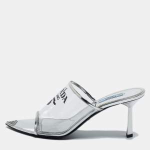 Prada Silver PVC and Patent Leather Logo Sandals Size 40