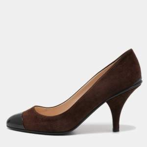 Prada Brown/Black Suede and Patent Leather Cap Toe Pumps Size 39.5