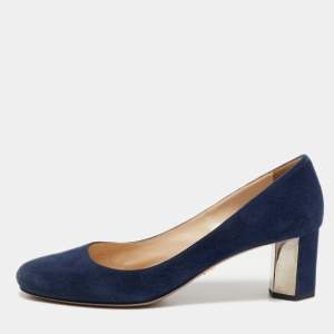 Prada Navy Blue Suede Hexagon Heel Pumps Size 37.5