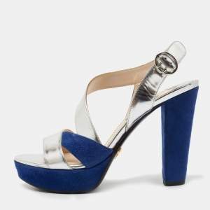Prada Silver/Blue Leather and Suede Strappy Platform Sandals Size 37