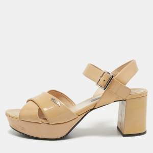 Prada Beige Patent Leather Criss Cross Platform Ankle Strap Sandals Size 37.5