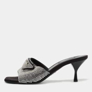 Prada Black Satin Crystal Embellished Logo Slide Sandals Size 39.5