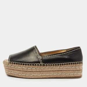 Pre Owned Prada Black Leather Peep Toe Platform Espadrille Flats Size 38