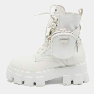 Pre Owned Prada White Leather and Nylon Monolith Combat Boots Size 38