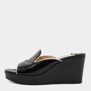 Prada Black Saffiano Vernice Leather Wedge Platform Slide Sandals Size 36