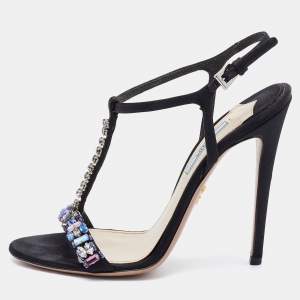 Prada Black Satin Crystal Embellished Ankle Strap Sandals Size 38