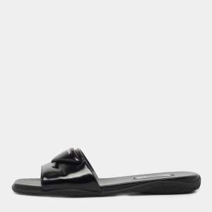 Pre Owned Prada Black Leather Logo Triangle Flat Slides Size 36.5 