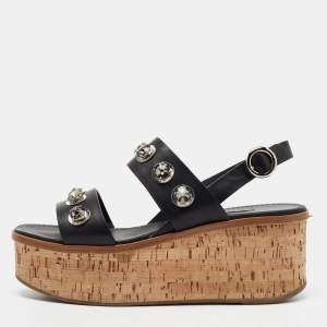 Prada Black Leather Rhinestone Embellished Ankle Strap Cork Wedge Sandals Size 40
