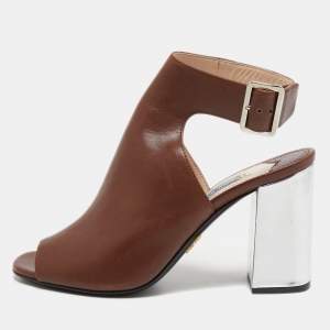 Prada Brown Leather Mirrored Block Heel Sandals Size 35