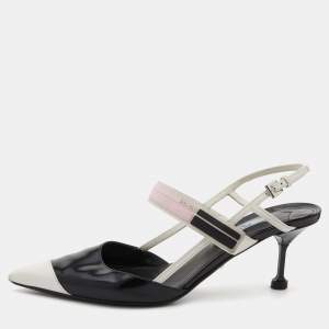 Prada White/Black Leather and Rubber Trim Pointed Toe Slingback Pumps Size 37.5
