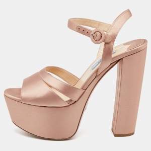 Pre Owned Prada Peach Satin Ankle Strap Block Heel Platform Sandals Size 38