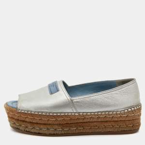 Pre Owned Prada Metallic Silver Leather Open Toe Platform Espadrille Flats Size 36