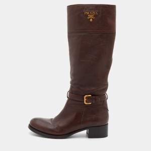 مملوكة مسبقًا Prada Dark Brown Leather Knee Length Boots Size 38