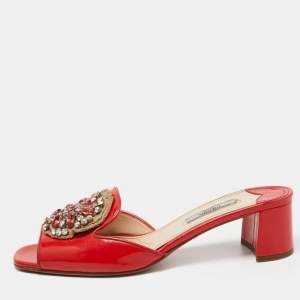 Prada Red Patent Leather Crystal Embellished Slide Sandals Size 38