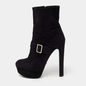 Prada Black Suede Platform Ankle Boots Size 38
