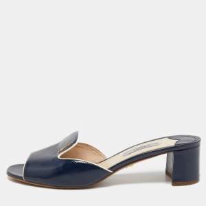 Prada Navy Blue Vernice Saffiano Leather Slide Sandals Size 38.5