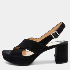 Prada Black Suede Criss Cross Platform Block Heel Slingback Sandals Size 36