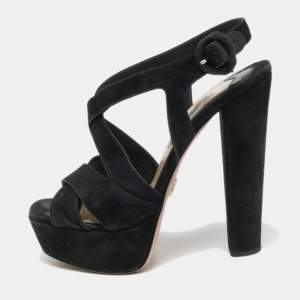 Prada Black Suede Crisscross Platform Ankle Strap Sandals Size 37