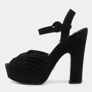 Prada Black Suede Peep Toe Platform Ankle Strap Sandals Size 40