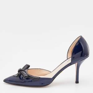 Prada Navy Blue/Black Patent Leather Bow Pointed Toe D'orsay Pumps Size 38.5
