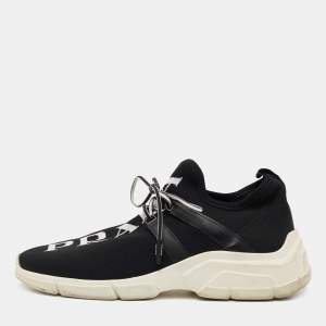Pre Owned Prada Black Logo Print Knit Fabric and Leather Low Top Sneakers Size 39