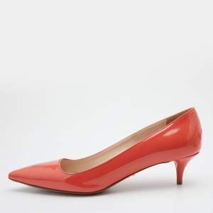 Prada Orange Patent Leather Pointed Toe Kitten Heel Pumps Size 37