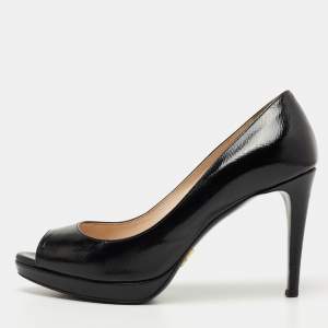 Prada Black Vernice Saffiano Leather Peep Toe Platform Pumps Size 35.5