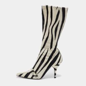 Prada Black/White Calf hair Zebra Printed Knee Length Boots Size 41