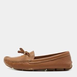Prada Brown Saffiano Leather Bow Detail Loafers Size 39
