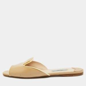 Prada Beige Patent Leather Flat Slides Size 37.5