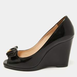 Prada Black Patent Leather Bow Peep Toe Wedge Pumps Size 37.5