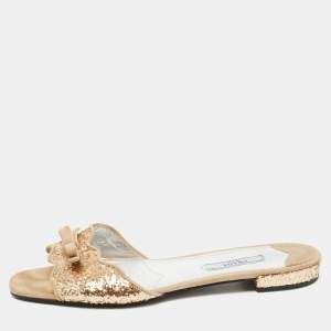 Pre Owned Prada Beige/Gold  Suede and Glitter Flat Slides Size 37.5