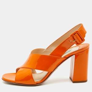 Prada Orange Patent Leather Chriss Cross Slingback Sandals Size 38.5