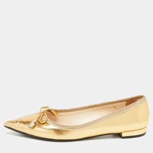 Prada Gold Leather Bow Pointed Toe Ballet Flats Size 36