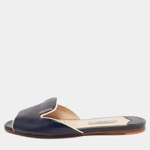 Prada Navy Blue Vernice Saffiano Leather Flat Slides Size 36