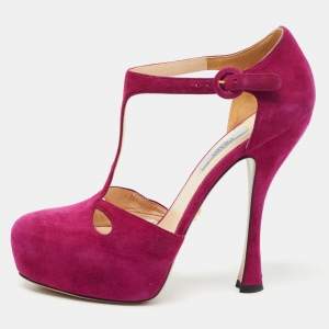 Pre Owned Prada Purple Suede T Bar Ankle Strap Pumps Size 40
