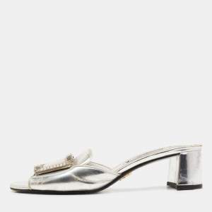 Prada Silver Leather Crystal Embellished Slide Sandals Size 36