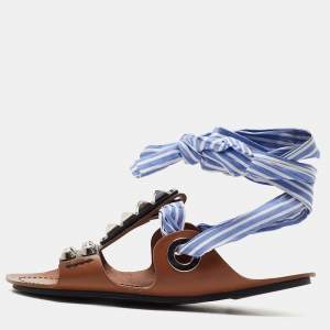 Prada Brown/Blue Leather Studded Ribbon Flat Sandals Size 36