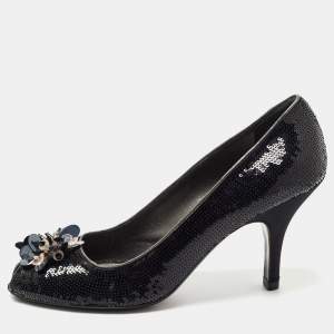 Prada Black Leather and Sequin Flower Embellished Peep Toe Pumps Size 40