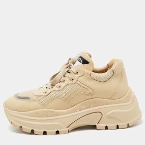 Pre Owned Prada Beige Leather and Mesh Lace Up Sneakers Size 39