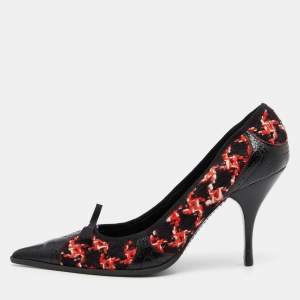 Pre Owned Prada Black/Red Tweed and Leather Pointed Toe Bow Detail Pumps 40