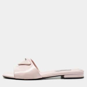 Prada Light Pink Leather Logo Flat Slides Size 37