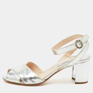 Prada Silver Leather Ankle Strap Block Sandals Size 38