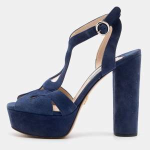 Prada Blue Suede Ankle Strap Block Heel Platform Sandals Size 38.5