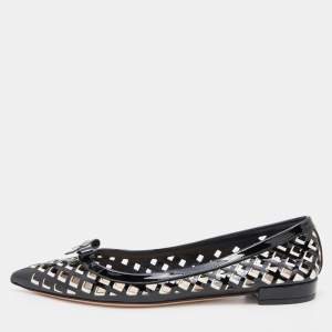 Prada Black Laser Cut Patent Leather Bow Pointed Toe Ballet Flats Size 39