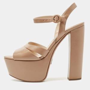 Prada Beige Patent Leather Ankle Strap Sandals Size 37.5